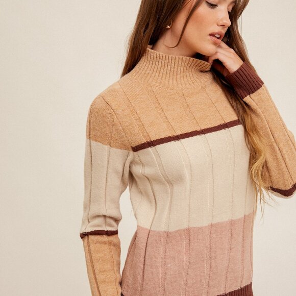 HEM & THREAD Colorblock Mock Neck Sweater, Neutral Blush Tan Cream - Picture 2 of 5